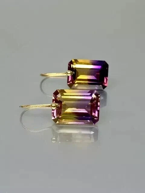 2Ct Emerald Cut Lab Created Ametrine Drop Dangle Earrings 14K Yellow Gold Plated - Image 4 of 4