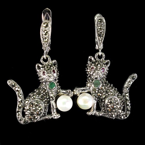 Summer 925 Silver Earrings Round Emerald Ruby Pearl Marcasite Gemstone Jewelry