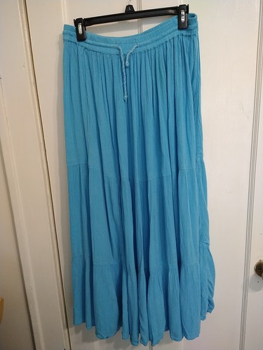 Maxi Skirt Medium Blue Tiered Boho Festival Hippie Pull On Elastic