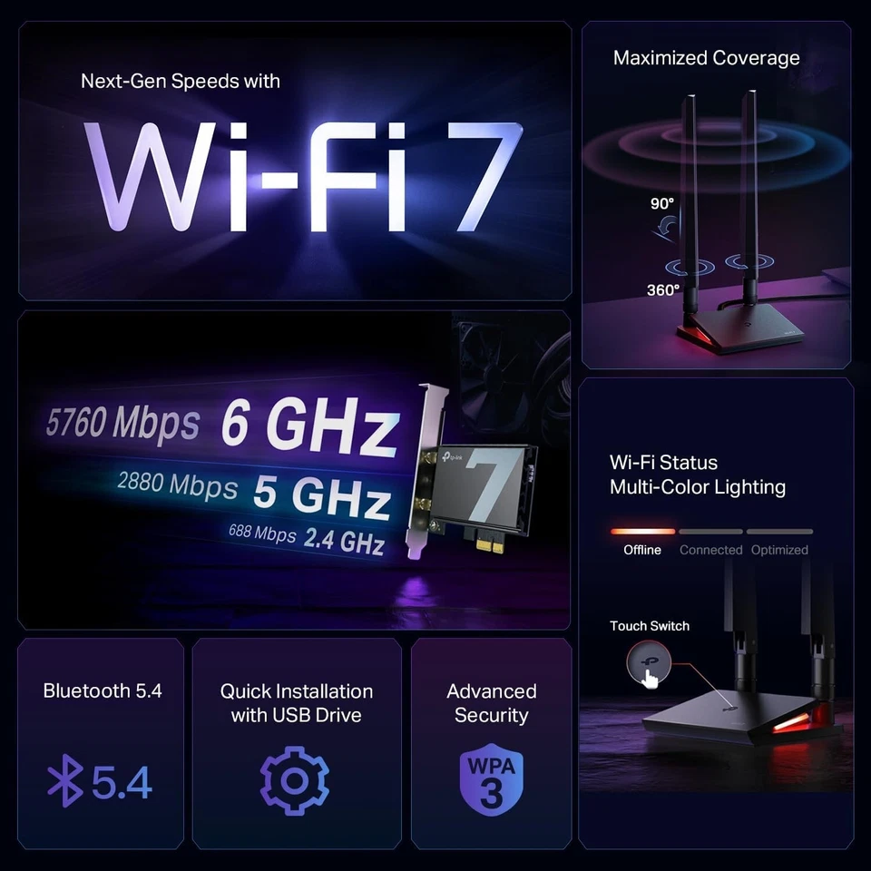 Advanced WiFi 7 PCIe Card with Multi-Directional Antennas - Ideal for Gaming - Image 4 of 4