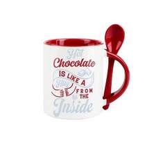 Hot Chocolate Mug & Spoon Set - Red Ceramic Tea Coffee Gift/Present