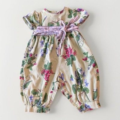 Hartstrings Baby Coverall Romper Girls 12 Months Green Floral Bow Made In USA