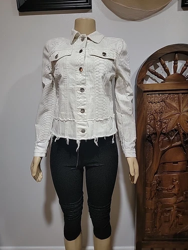 OFF WHITE Giacca blu revival taglia S bianco sporco stampa animalier denim effetto invecchiato bottoni #C