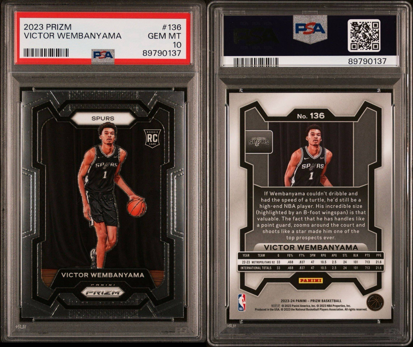 Panini Prizm 2023-24 Victor Wembanyama RC Base #136 Spurs PSA 10