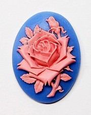 4 Vintage 40x30mm Pink over Blue Rose Bud Flowers Resin Cameos Cabochons