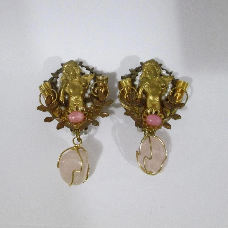Steampunk Style Collage Women Clip Earrings Cherubs Rose Quartz Vintage - Image 4 of 4
