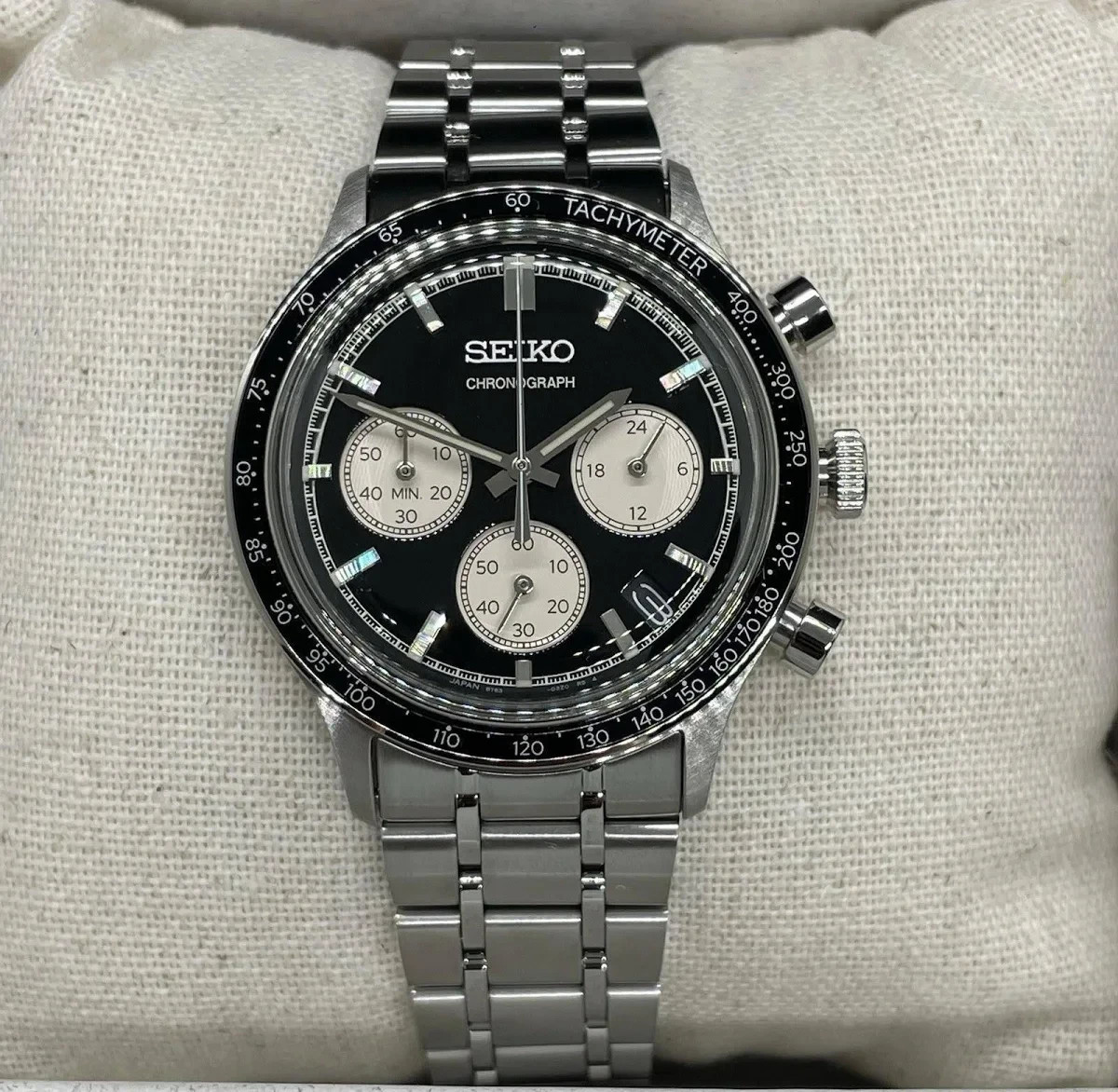 Seiko Men's Black Panda Chronograph Watch with Stainless Steel