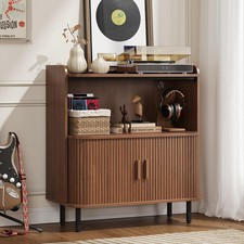 Mid Century Modern Record Player Stand W/ Charging Station Vinyl Record Storage