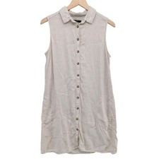 Tahari Linen Mini Shift Dress Beige Button Front Collared Sleeveless Pocket Sz M