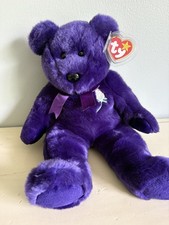      Ty Beanie Buddy Princess Diana Purple Bear 14" Large Plush White Rose 1998