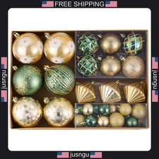 Christmas Ornaments Set 60ct Shatterproof Green Gold Geometric Decorations