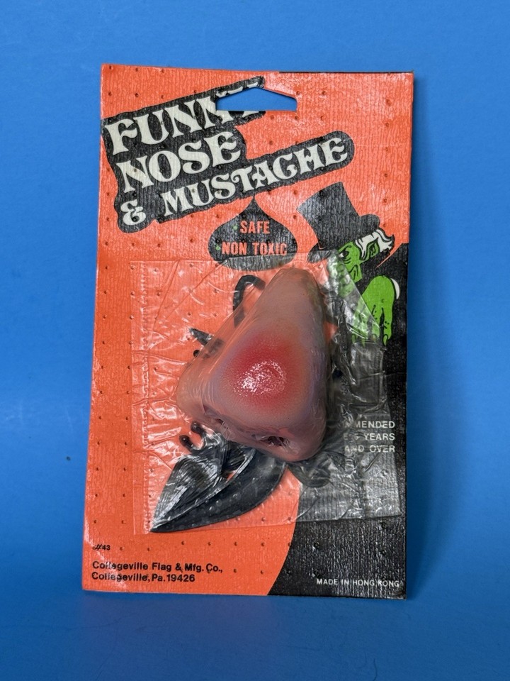 NOS (new old stock) Collegeville nose-and-mustache disguise kit — a dead-stock piece of Americana novelty history still in its original packaging.