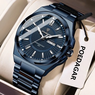 42MM POEDAGAR Quartz Men's Luxury Watch Stainless 30M Waterproof Luminous NEW