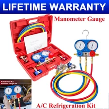 HVAC Freon Diagnostic Manifold Gauge 3 Way Car with 5FT Hoses Couplers & Adapter