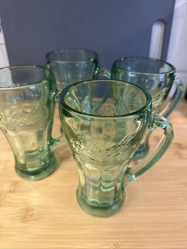 VTG Libbey Coca-Cola Thick Heavy Green Glass Mug with Handle 16oz Set Of 4