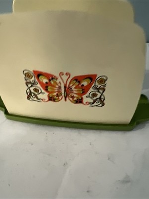 Vintage Mid Century Plastic Napkin Holder w/ Butterfly And Flowers 1970s /1980s