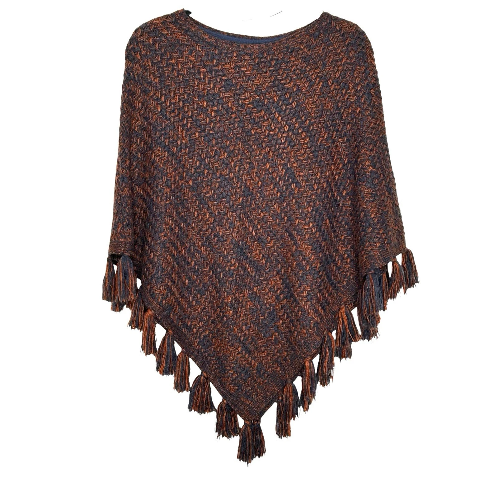 Style & Co Rust /Blue Woven Knit Poncho w/Long Tassel Hem Detail Sz S/M