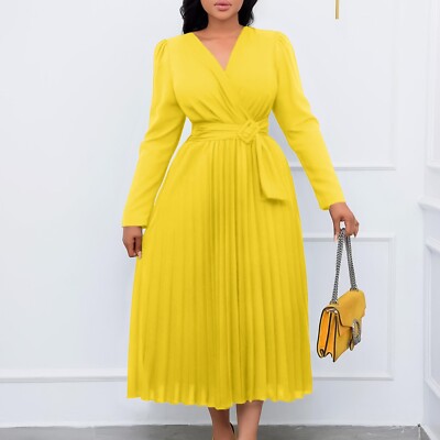 Women's Spring Midi Dress Long Sleeve Flowy Ruffle Pleated Casual Fall  Dresses | eBay