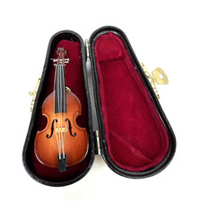 Vtg 3" Miniature Wood Violin Lapel Pin brooch With Black Carrying Case READ 