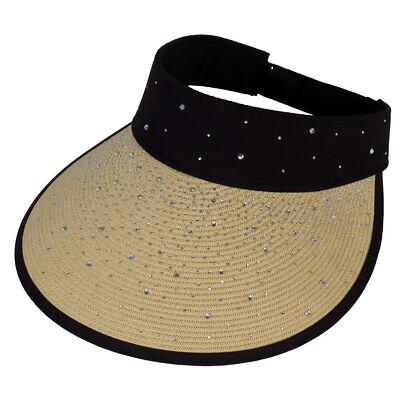 Top Headwear Women's Studded Visor - Paper Braid Crystal Hat 5 Inch Wide Brim