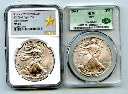 2020-W MS69 NGC & 2024 CAC MS70 SILVER EAGLE .999 1 OZ. COINS!!