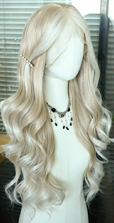 HD Lace Front Wig Human Hair Blend Highlights Platinum Ash blonde Money Peices - Image 3 of 4
