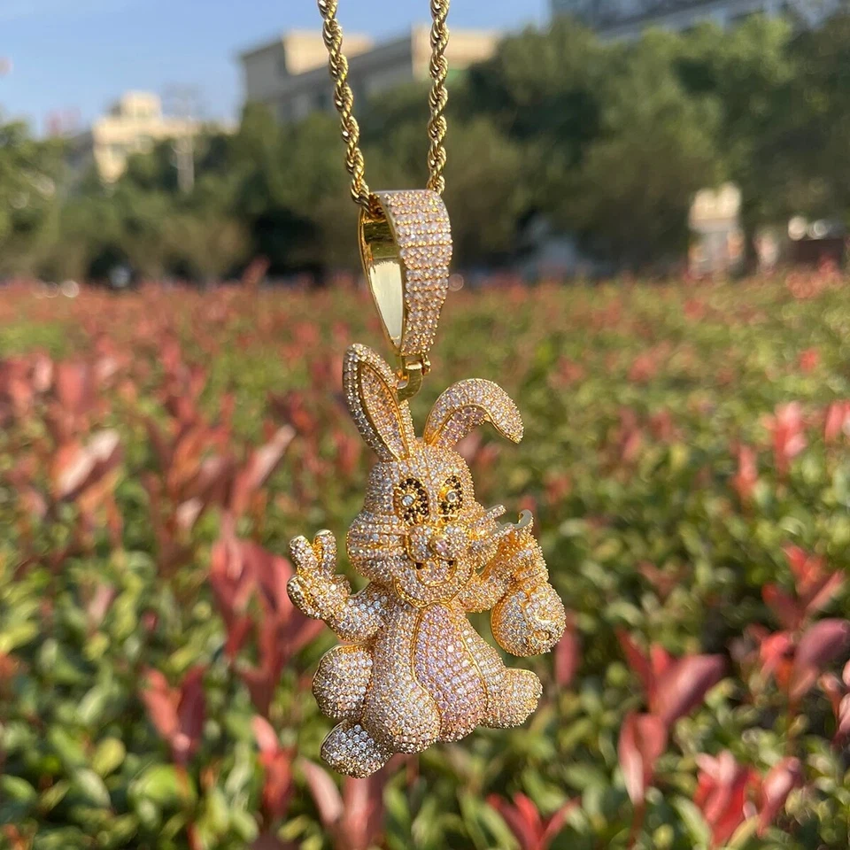 Collar Colgante Bling Ice Out Hop Cadera Conejo Chapado en Oro Real 24k 5AAA+ CIRCONITA CÚBICA Foto 3 de 4