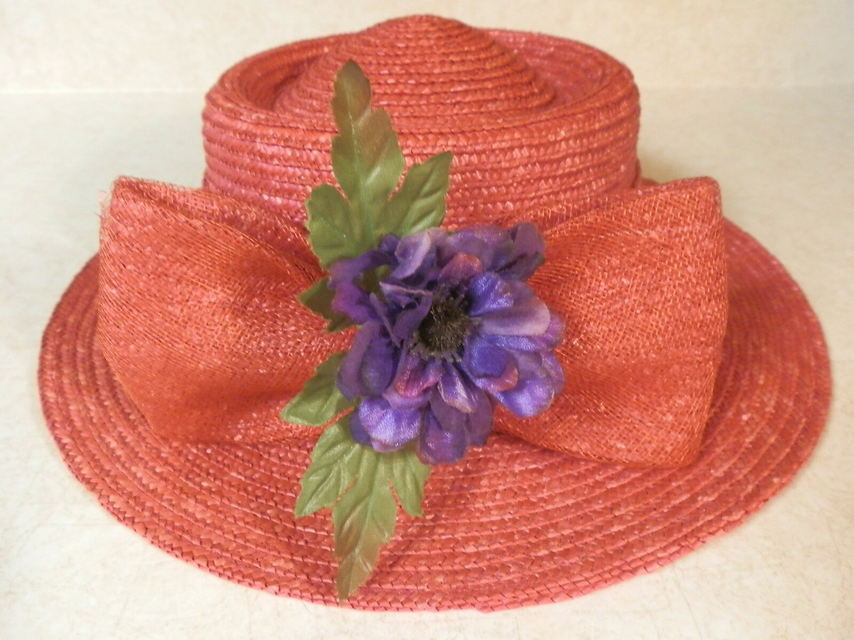 Vintage Wide Brim Red Straw Hat Vintage 1940s Red Straw Hat Wide Brim Flower Decoration  main image 4