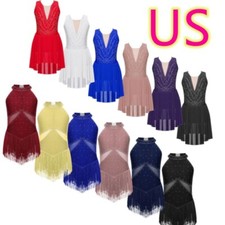 Kid Girls Rhinestone Lyrical Figure Ice Skating Leotard Dress Ballet Dance Dress