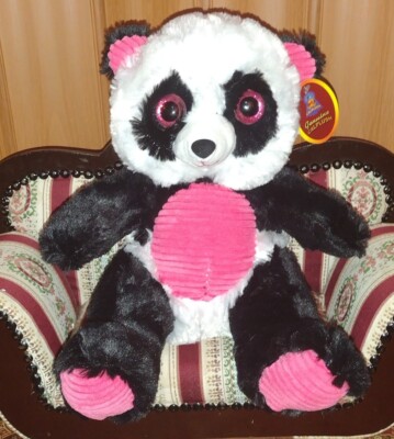 Calplush Panda Bear Plush Stuffed Black White Pink Ribbed Texture 10'' Glitter (B