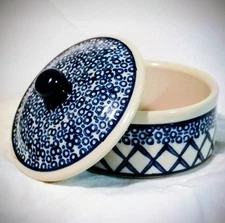 Vntg Polish Pottery Boleslawiec Blue  Diamond 5" Covered Casserole/Container