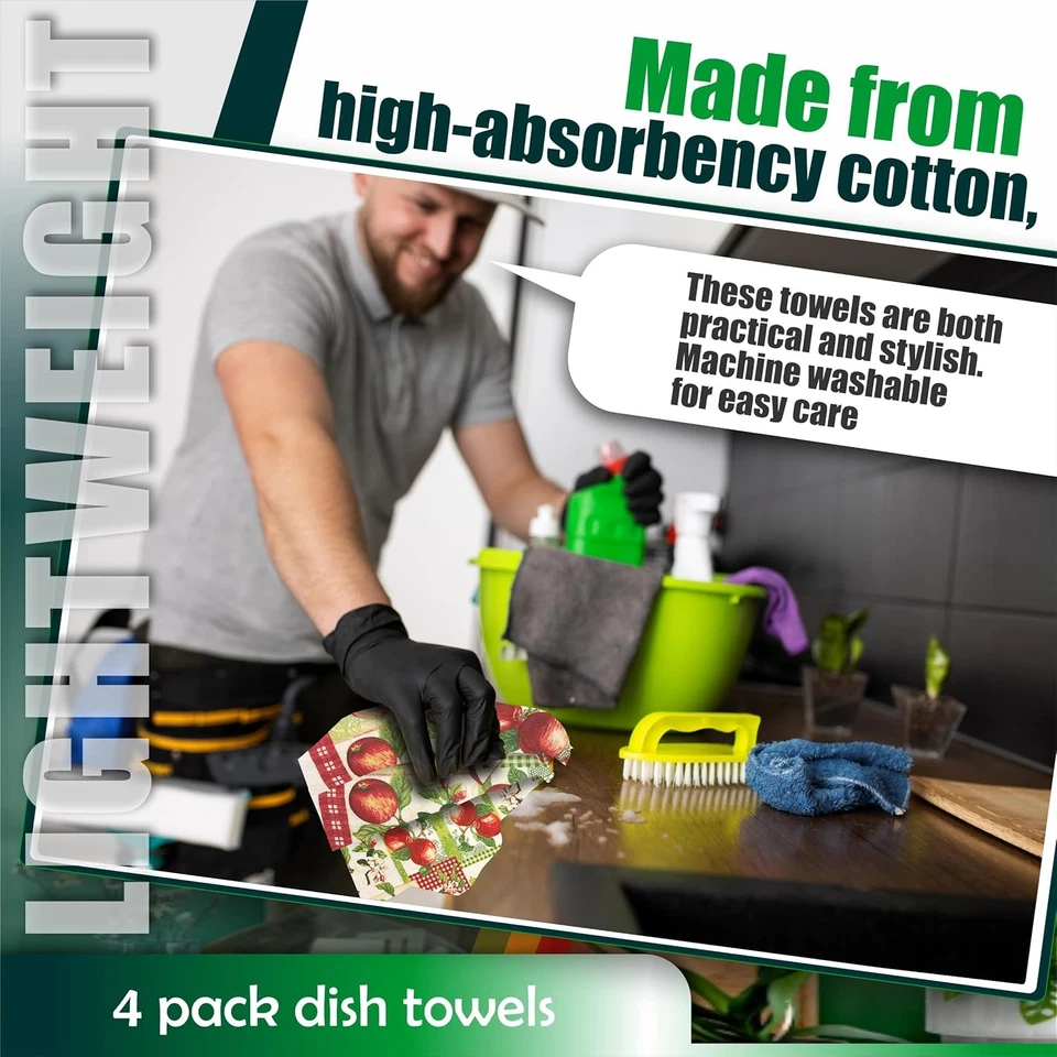 Paquete de 4 toallas de cocina rojas de manzana de granja 15x25 ligeras mezcla de algodón y poliéster Foto 4 de 4