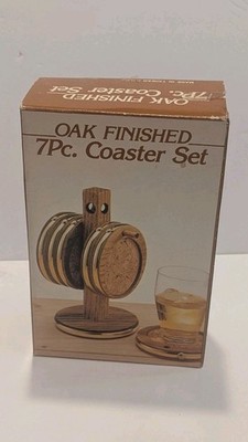 Vintage Wooden Oak Coaster Set with Stand Looks NEW 6 Coasters & Stand