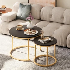 Coffee Table Nesting Set of 2 round End Table Accent Side Stacking Tables Black