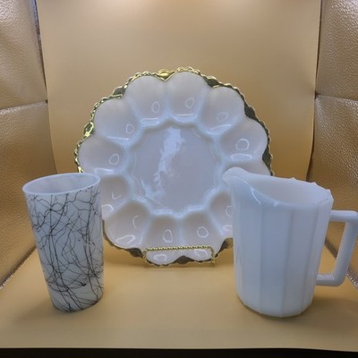 VTG Milk Glass Anchor Hocking Egg Plate Hazel Atlas Black String Tumbler Pitcher