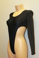 Women Thong Leotard 101-08 Long Sleeve High Open Thig Black Spandex Size L
