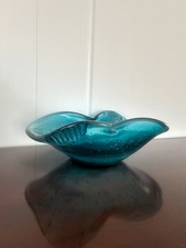 Vtg Hand Blown Art Glass Centerpiece Vase Turquoise Blue Murano Style Freeform