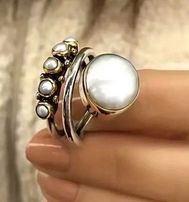 Museum Pearl Ring Size 8 Silver-gold Two Tone Bezel New Bezel Boho
