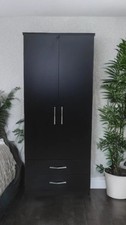 Modern Ready Assembled 2 Door Black Wardrobe With 2 Drawer Bedroom Furniture UK