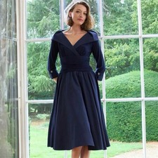 JESSICA HOWARD Navy Taffeta 3/4 Sleeve Portrait Collar Formal Cocktail Dress