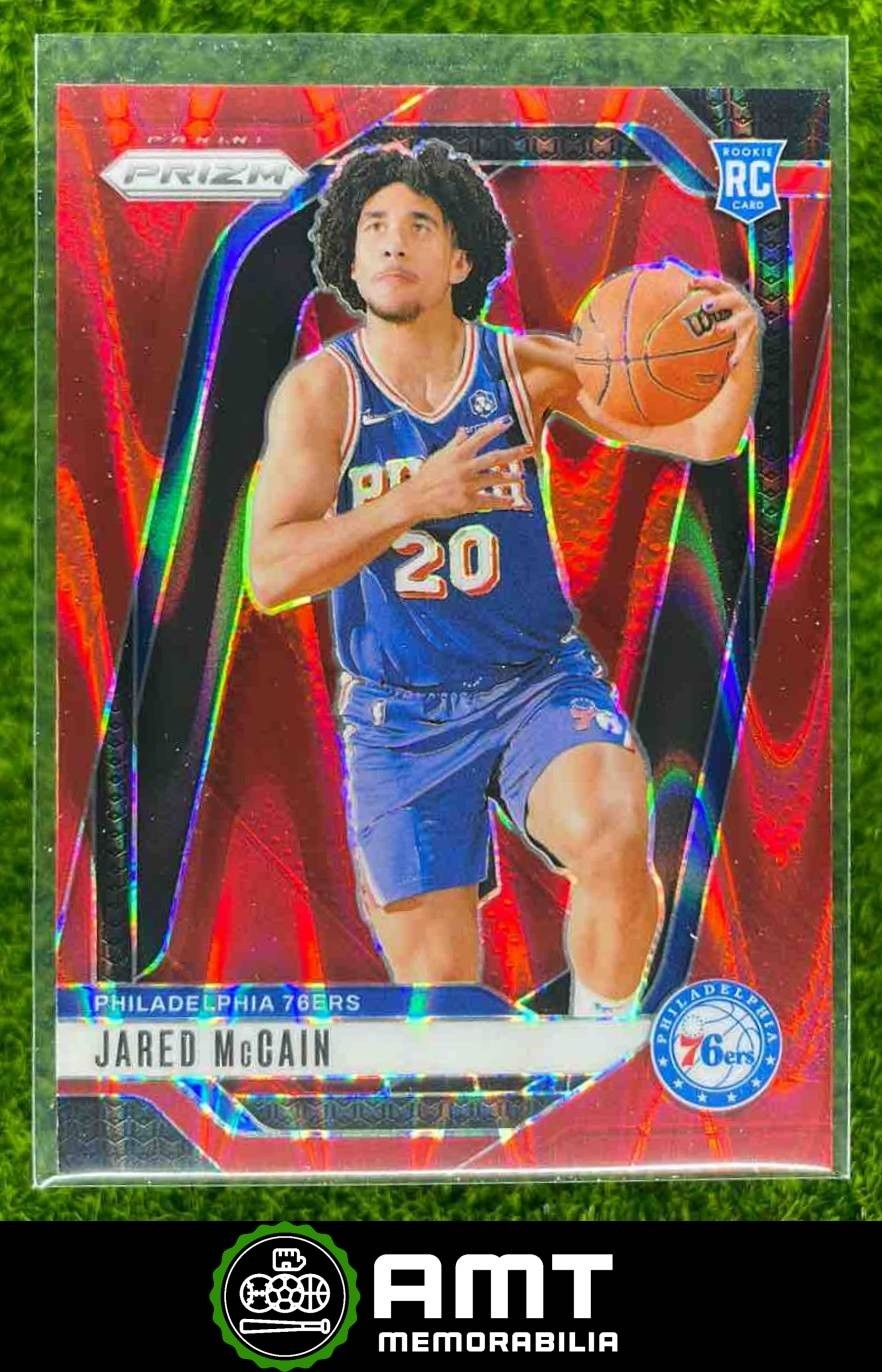 2024-25 Panini Prizm #222 Jared McCain Red Seismic 99/299 Philadelphia 76ers RC