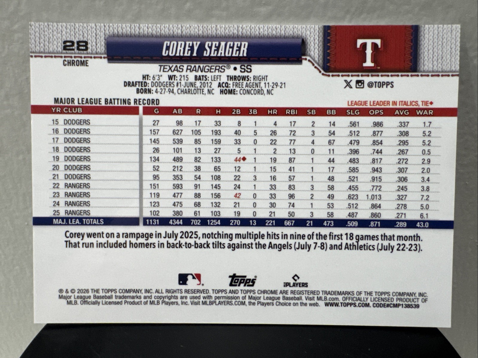 LOGOFRACTOR Corey Seager 2026 Topps Chrome Blue Parallel #ed /150 Texas Rangers view 3