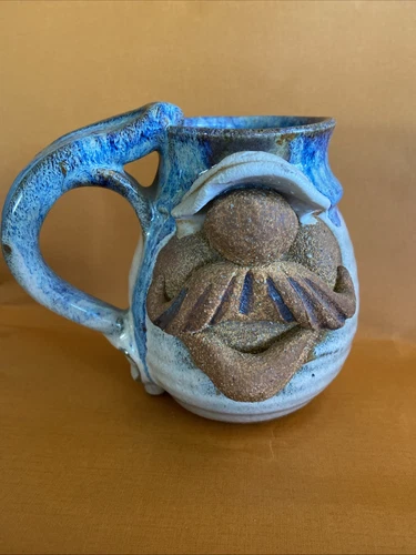STONEWARE POTTERY MUSTACHE FACE FUNNY MUG. VINTAGE ROBERT EAKIN SIGNED ORIGINAL