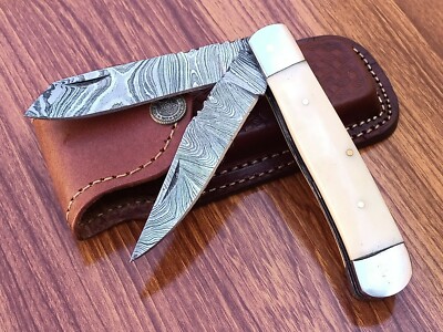 CUSTOM HANDMADE DAMASCUS STEEL FOLDING TRAPPER KNIFE W/ CAMEL BONE HANDLE 1009