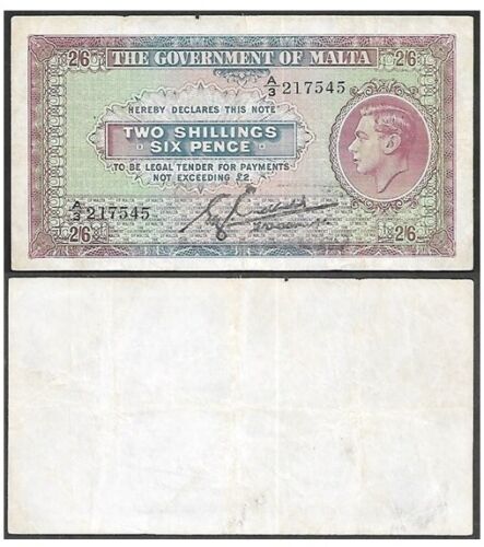 MALTA - King George VI Two Shillings Sixpence Signed E. Cuschieri Banknote - Afbeelding 1 van 1
