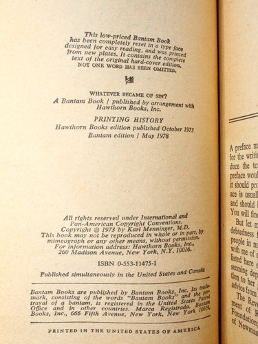 Whatever Became Of Sin? - Karl Menninger (1978, Paperback) First Bantam Edition - Foto 7 di 7