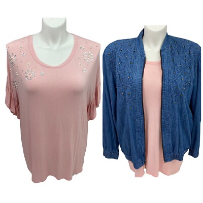 Megan Moore Top Womens Sz 16W Lot Pink Flutter Short Sleeve Floral Bead Jacket