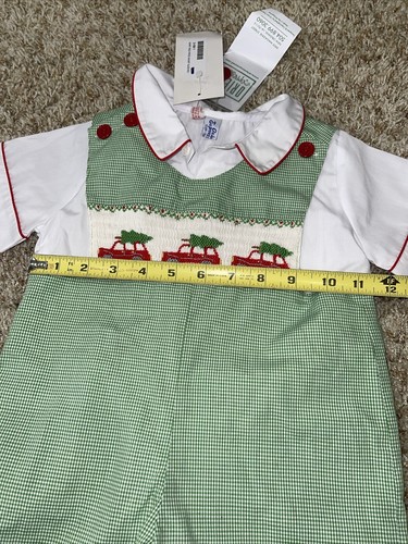 BOY BOUTIQUE SMOCKED GREEN CHECKED ~ORIENT EXPRESSED~ JON JON ROMPER SET NWT - Picture 6 of 9