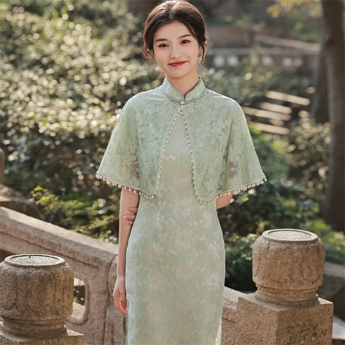 Lady Midi Evening Party Prom Red Lace Cheongsam Retro Cape Shoulder Qipao Dress - Picture 14 of 17