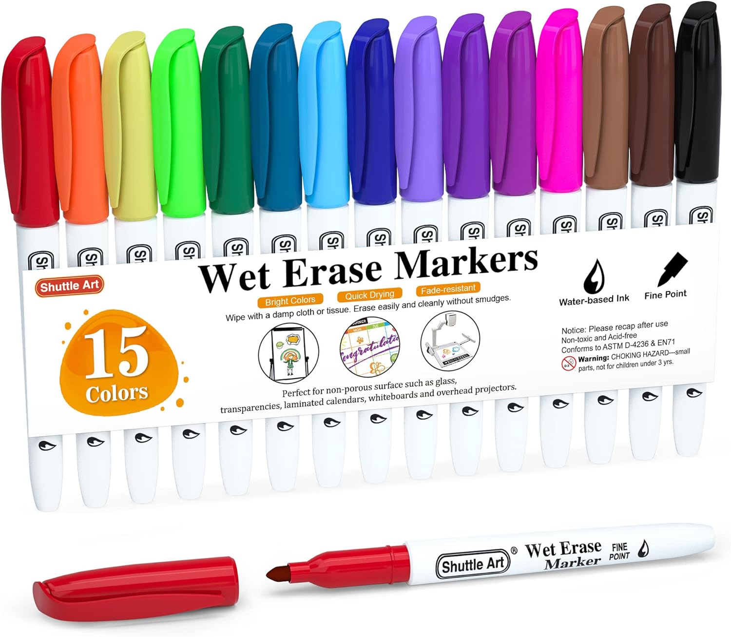 Wet Erase Markers, 15 Colors 1Mm Fine Tip Smudge-Free Markers, Use on Laminated